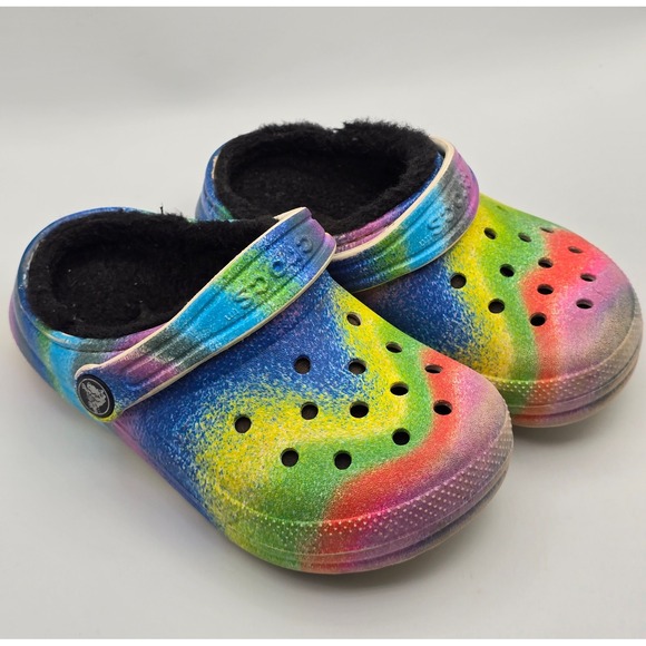 CROCS Other - Crocs Kids Classic Lined Clog Rainbow Tie Dye Fur Slip On Shoes Size C10